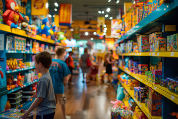 Children Exploring Toy Store Aisles Full of Colorful Products
