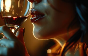 A close-up shot of the woman's hand holding an elegant glass, sipping wine from it with her lips, showcasing its rich color and smooth texture Generative AI