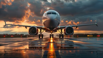 Crisis impacting airline profitability at sunset over airport runway