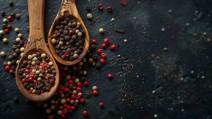Top view of colorful spices in wooden spoons on dark surface