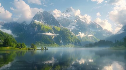 Stunning lake reflecting majestic mountains on a summer day