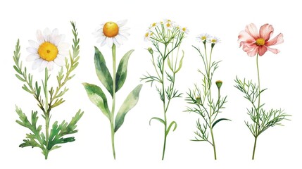 Illustration Elements with Flowers on a White Background. Isolated Floral Design Elements on White.