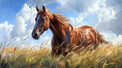 Obraz premium Majestic horse standing gracefully in tall grass under a bright sky at sunrise