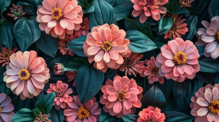 Blooming pink zinnia flowers surrounded by lush green leaves in a vibrant garden