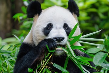 Fototapeta premium Panda eating bamboo. Cute panda bear with bamboo