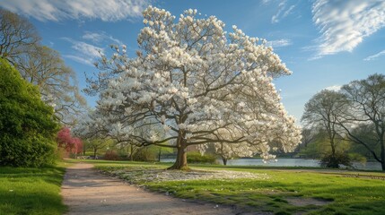 Magnificent white magnolia blooms in a park on a clear spring day