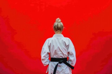 Person in Kimono and black Belt on Red Background with Space for Text. Martial Arts Discipline Concept