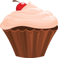 Chocolate cupcake with pink frosting and a cherry on top, perfect for illustrating a bakery menu or a sweet treat