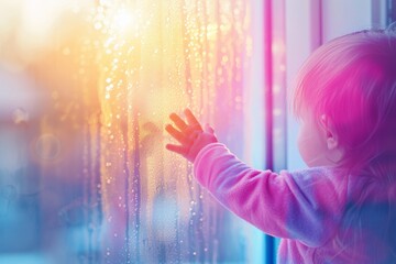 Child s hand touching rain spattered window, illustrating emotional connection and empathy