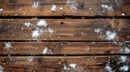 Snow covered wooden surface with flakes and texture in winter setting