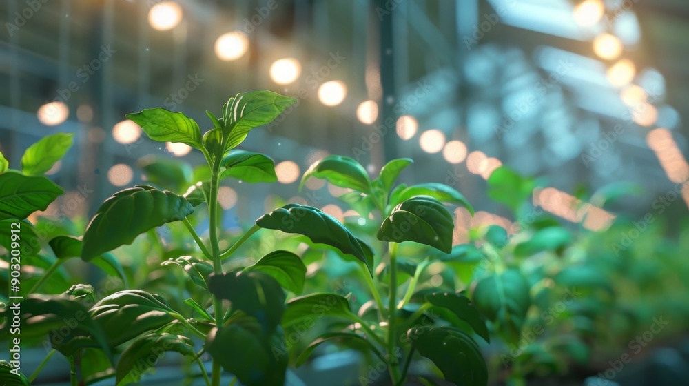 Poster green plants thrive under a row of artificial lights in an indoor setting.