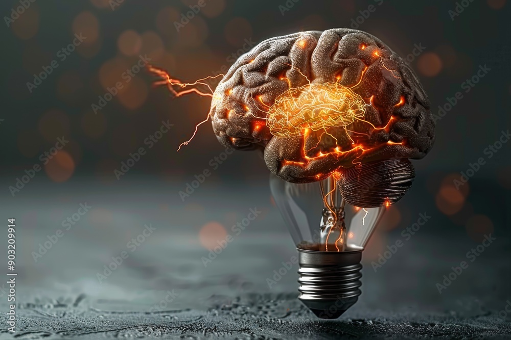 Sticker brain light bulb with electric sparks in abstract setting emphasizing creativity and energy