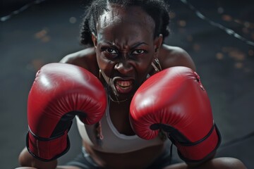 Black female boxer exudes strength and determination after workout.