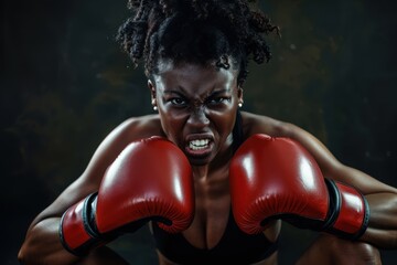 Black female boxer exudes strength and determination after workout.