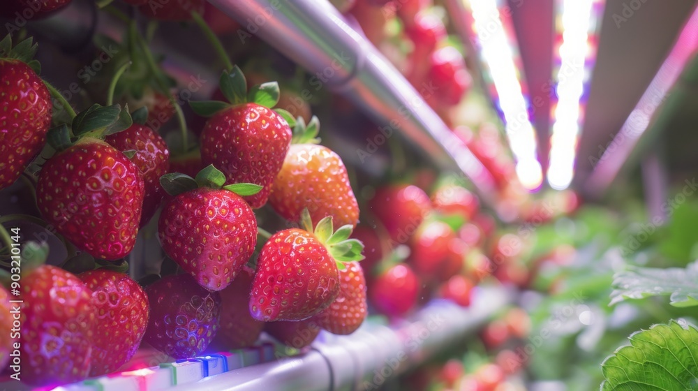 Poster close-up of ripe strawberries hanging from vines, illuminated by artificial lights in a greenhouse s