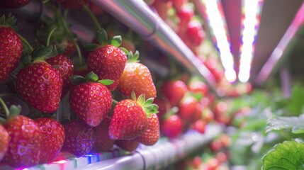 Close-up of ripe strawberries hanging from vines, illuminated by artificial lights in a greenhouse setting.