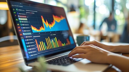 This closeup image features a notebook device screen showcasing an array of colorful website traffic metrics, detailed graphs, and analytics, highlighting a blog's internet ranking and visitor statist