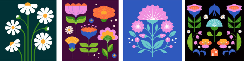 Modern Flowers illustrations. Geometric, flat style design, folk motif, bright and colorful flowers. Vector illustrations © Marina Zlochin