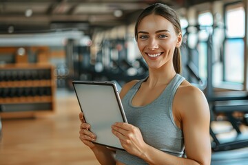 Fototapeta premium A fit muscular female personal trainer smiling at the camera in a gym, close up