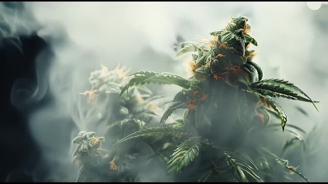 Marijuana plants with trichomes and orange hairs enveloped in smoke.