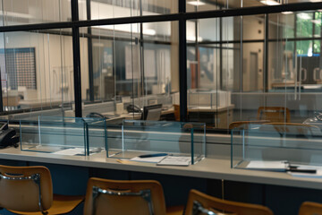 Prison visitation room with glass partitions and chairs