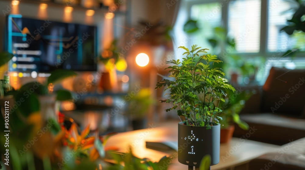 Poster in a living room, a potted plant on a coffee table is in focus with a blurred background. to the rig