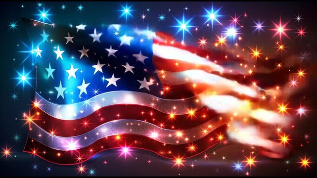 A flag with stars and stripes is lit up with bright colors and surrounded by a starry background