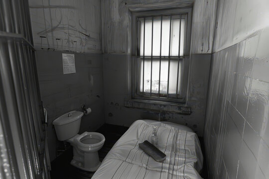 Empty prison cell with bed and toilet
