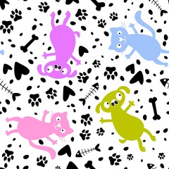 Cartoon animals seamless cats and dogs and fish bones pattern for wrapping paper