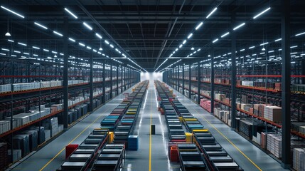 Fototapeta premium A modern storage facility brimming with diverse goods on organized shelves under bright fluorescent lights, reflecting the critical role of warehousing in supply chains
