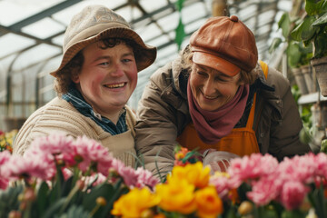 Portrait of happy senior couple florists working with flowers in greenhouse