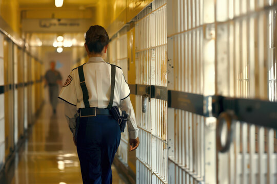 Female prison guard patrolling corridor with cells