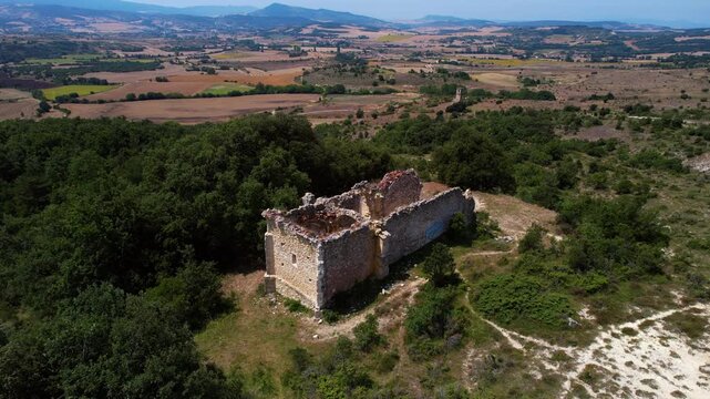 Aerial view of the famous cursed town of Ochate in Condado de Trevino, Burgos, Spain. High quality 4k footage