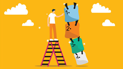 Vector illustration of a person standing on a ladder, arranging blocks labeled 1 to 4, symbolizing organizing tasks or prioritizing a to-do list. 