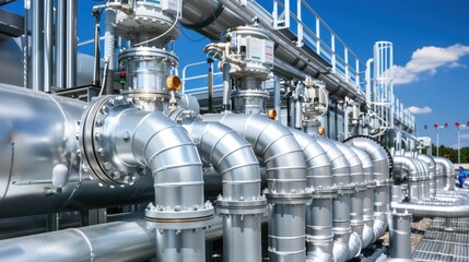 A large industrial pipe system with many valves and pipes