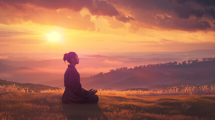 silhouette of a person in a sunset meditating