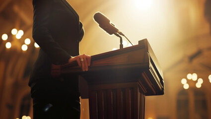 Politician Woman in formal suit delivering speech from podium with microphone illuminated by bright stage lights setting of official political meeting with elections voters on pre Election day