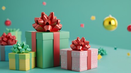 Fototapeta premium A beautiful 3D rendering of a Christmas themed image. Three wrapped presents sit in front of a blue background with red and gold accents.
