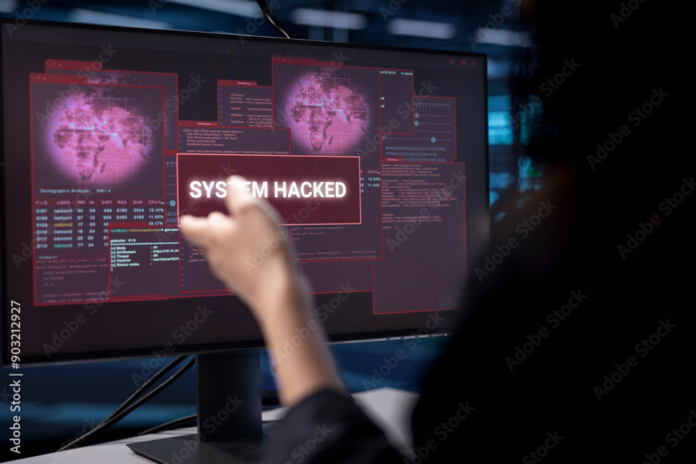 Poster admin in server hub establishment frightened by hacker passing firewall and stealing data. close up 