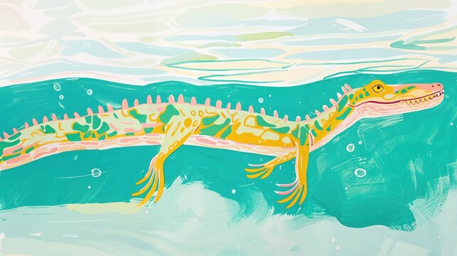 Prehistoric Reptile Illustration Scene in a colourful, cheerful style.