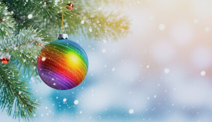 illustration of rainbow colored christmas bauble hanging on a fir branch, snowy background with copyspace