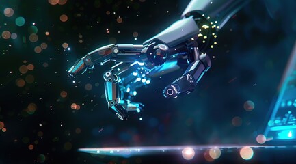 Metallic Robotic Hand Hovering Over Digital Interface