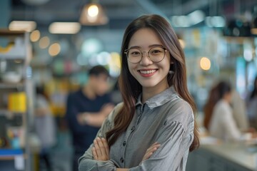 Obraz premium Asian businesswoman smiling in office with colleagues.