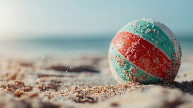 A sandy beach ball with red, green, and white stripes lies on the shore near the calm waters, evoking a sense of summer fun and relaxation by the sea.