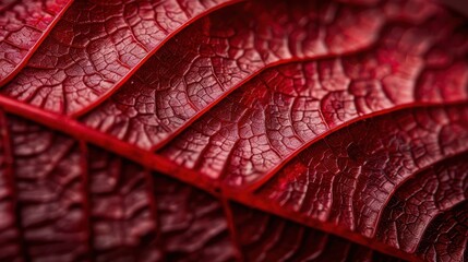 Fototapeta premium A close-up macro image of a red leaf showcasing its intricate texture and veining, bringing out the natural beauty and complexity of the leaf's surface.