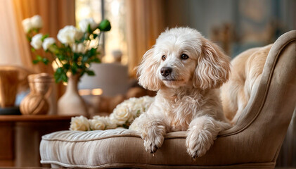 A peaceful poodle sits on a vintage armchair in a softly blurred, tastefully decorated living room with a neutral background perfect for adding text or graphics.
