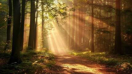 Fototapeta premium Sunbeams Through the Trees in a Misty Forest