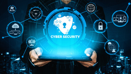 Cyber Security and Digital Data Protection Concept. Icon interface showing secure firewall technology for online data access defense against hacker, virus and insecure information for privacy. uds