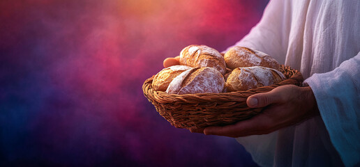 closeup, hands holding basket with bread 