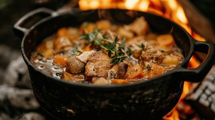 A pot of thick stew with fresh herbs cooks over a campfire, exuding a homely aroma that evokes the rustic charm and satisfying essence of traditional outdoor meals.